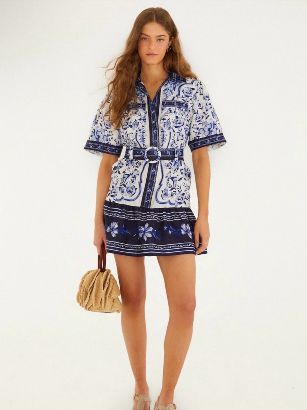 Farm Rio Blue & White Floral Belted Short Dress